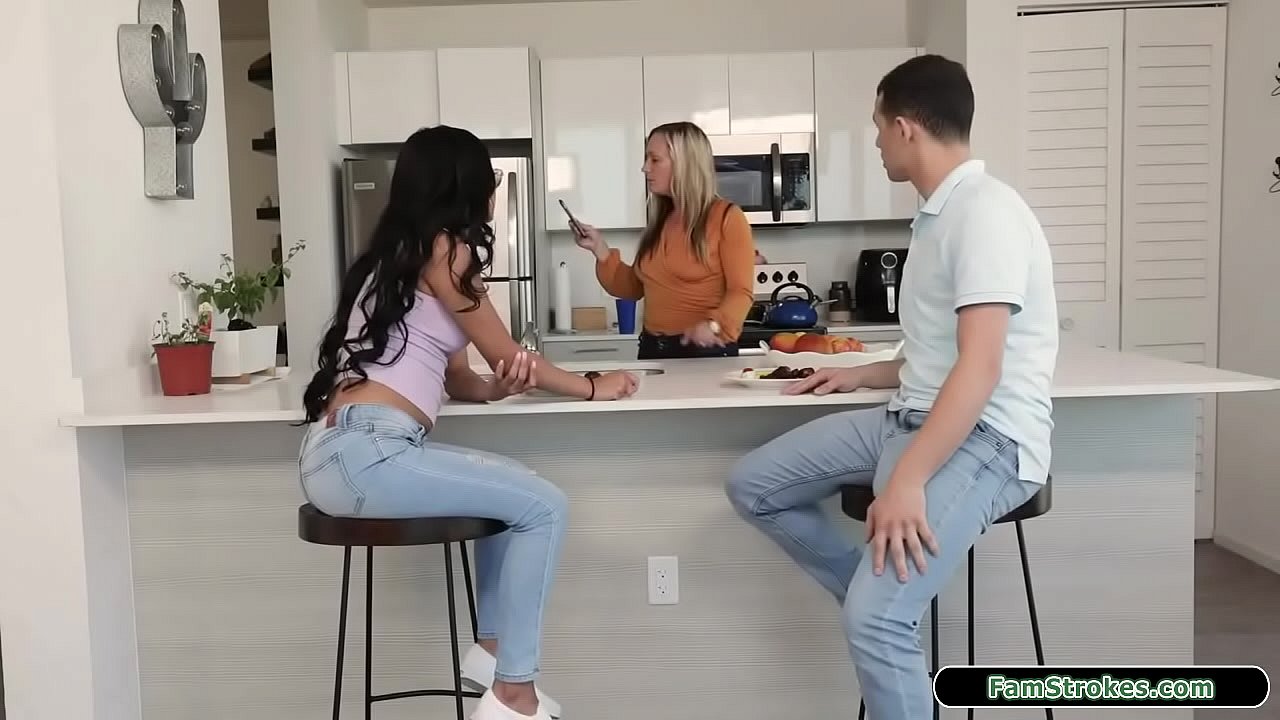 Stepsis shows her stepbro she isnt  a prude.His mum is in the next room so she starts jerking him off.With the fridge door open she sucks his cock