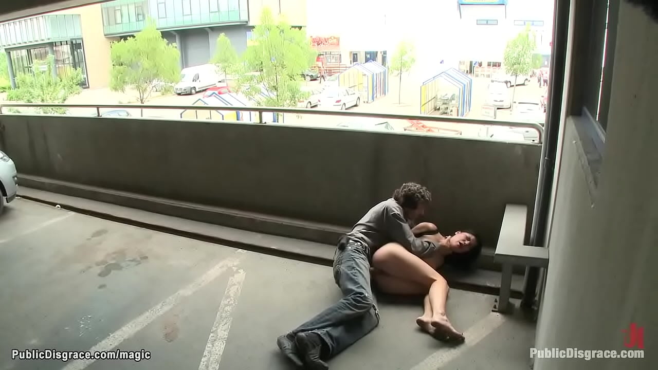 Steve Holmes parades bare butt brunette Euro babe Lucy Bell in public streets then fucks her in the park and public garage with huge dick