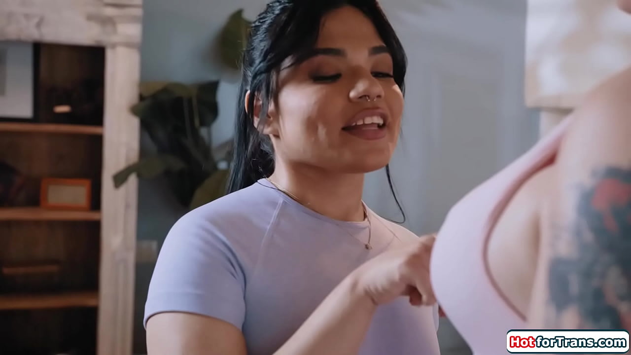 Busty big cock tgirl Blake Lovely is kissed by her latin gf Summer Col.The big tits shemale licks her pussy and bareback anal fucks the petite latina