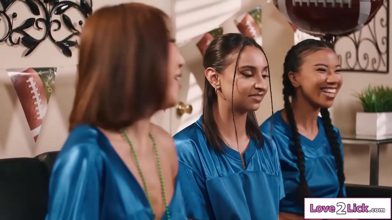 Busty blonde Blake Blossom won the bet and now her three gfs Asian Nicole Doshi,latin Hailey Rose and ebony Ameena Green will have to lick her pussy