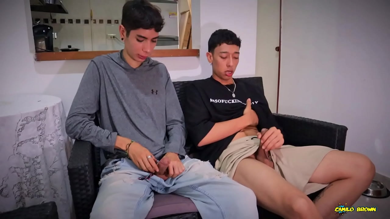 Two Curious Straight Friends Looking At Each Other While They Jerk Off