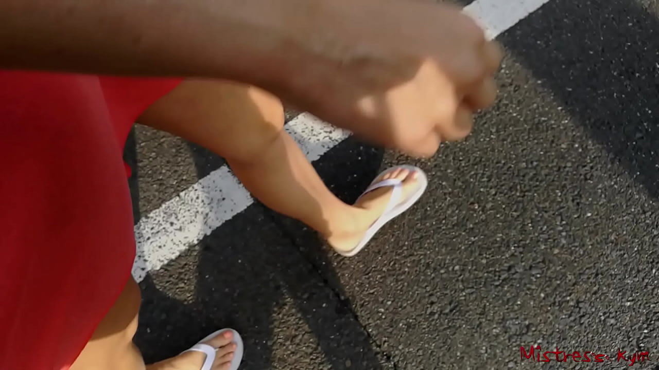 Mistress walking bare feet (flip flops) in public with submissive - outdoor POV