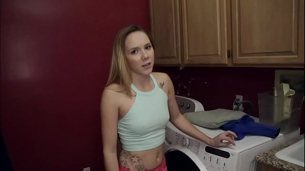 Stepbro convince Hollie Mack getting on her knees to suck his big cock in laundry room