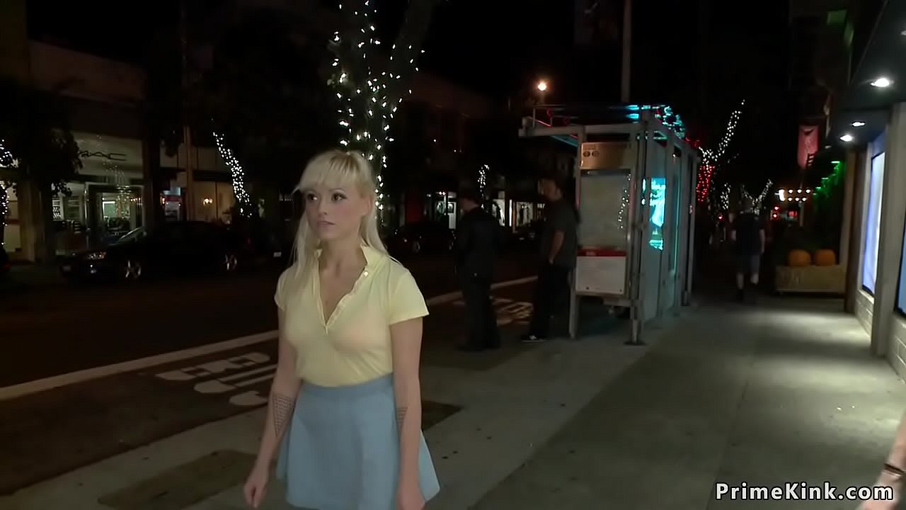 Busty mistress public d. hot blonde with panties down on her knees outdoors then gagged and fucked in shop