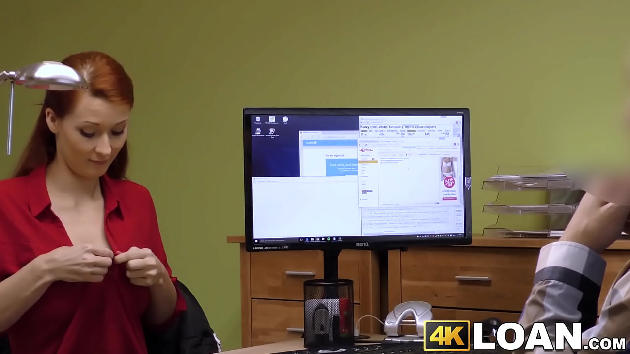 Redhead with giant juggs won't leave until she gets money by fucking an agent and having her ass fingered.