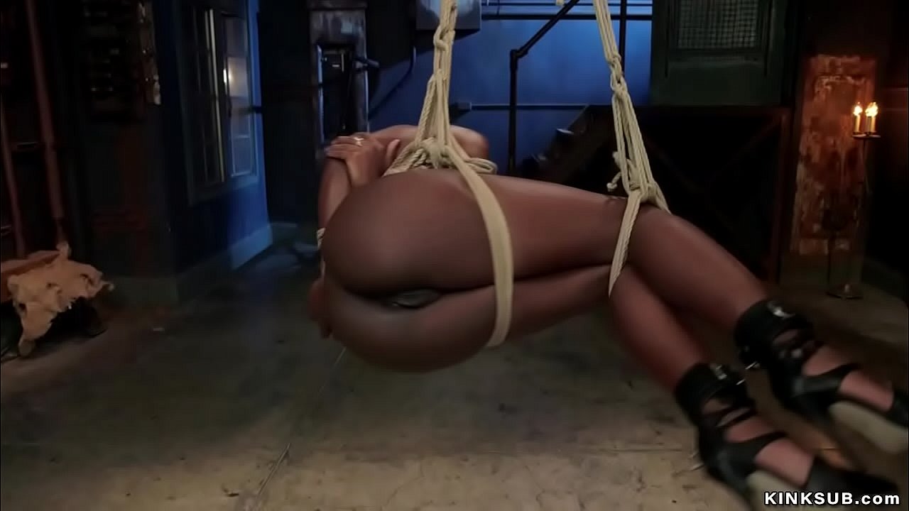 Tied ebony trainee Ana Foxxx on her knees made by master James Mogul sucking big dick to Gage Sin in leather then he fucked her and whipped in suspension