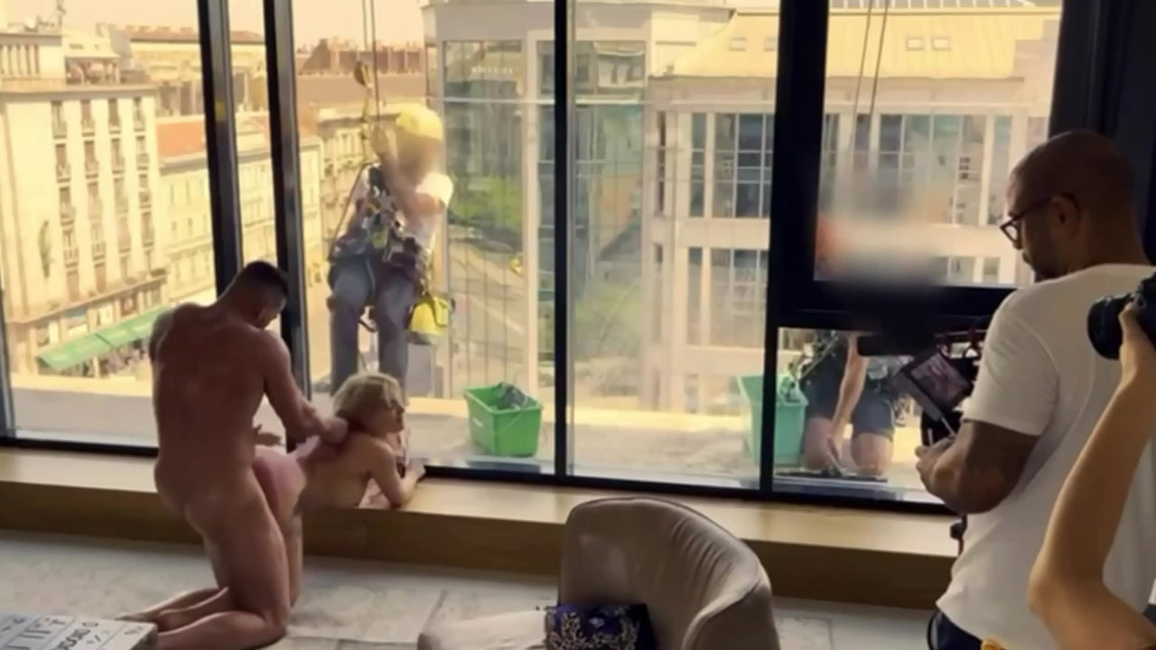 Anal pissing, fucking in front of windows cleaners