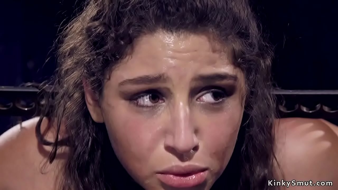 Hot brunette teen sub with immobilized ankles and legs and chained wrists gets pussy vibrated