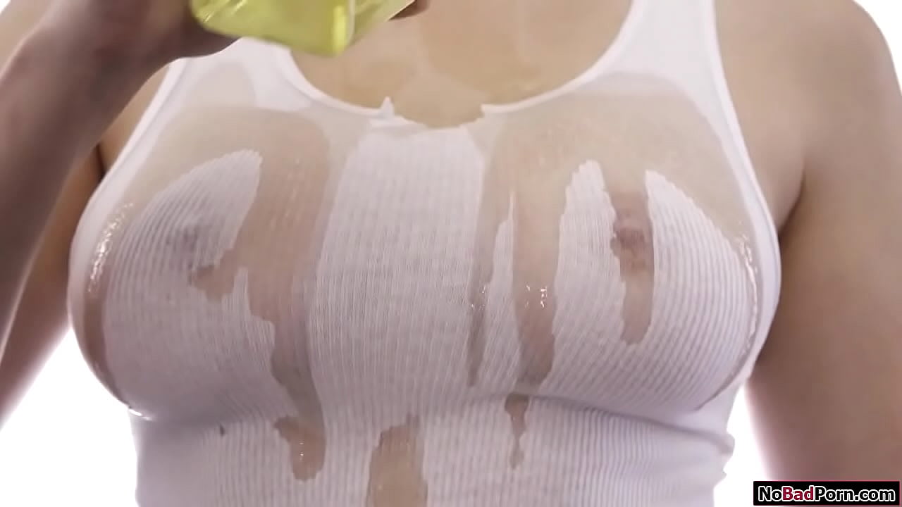 Busty blonde oils up her big tits and ass.A guy kisses her and sucks her big boobs.He licks her hairy pussy and the babe titfucks him.Then shes banged