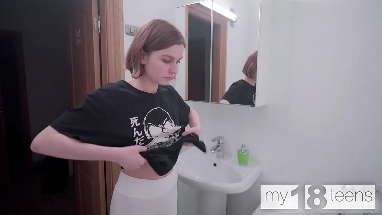 Cute babe cleans up in the house and play with her petite pussy