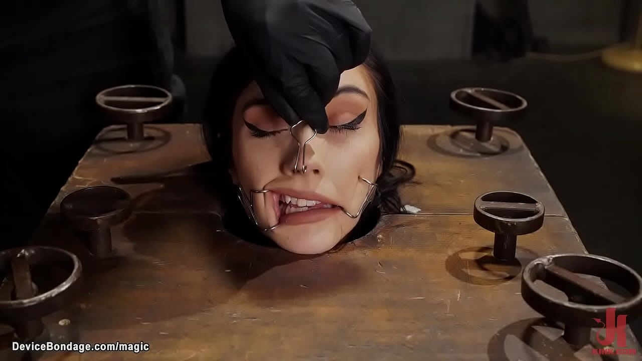 Bound in bondage cube with neck trapped brunette slave Jazmin Luv gets pussy vibed then in other positions pussy finger fucked by master The Pope on device bondage