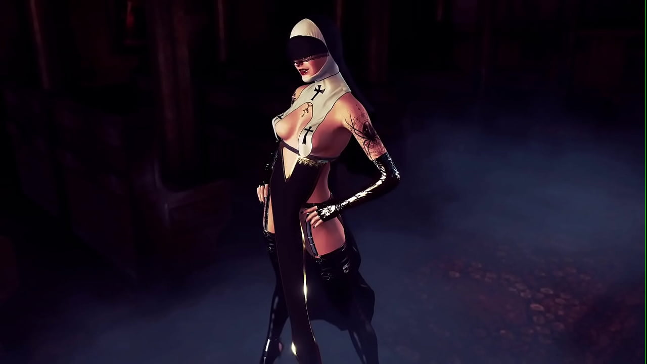 Lustful mature nun in black suit solo posing without panties in cathedral