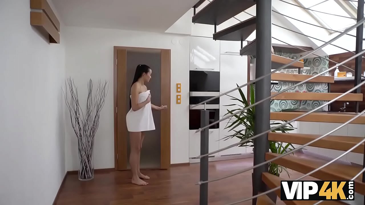 VIP4K. Beautiful brunette takes a shower then has sex with old man