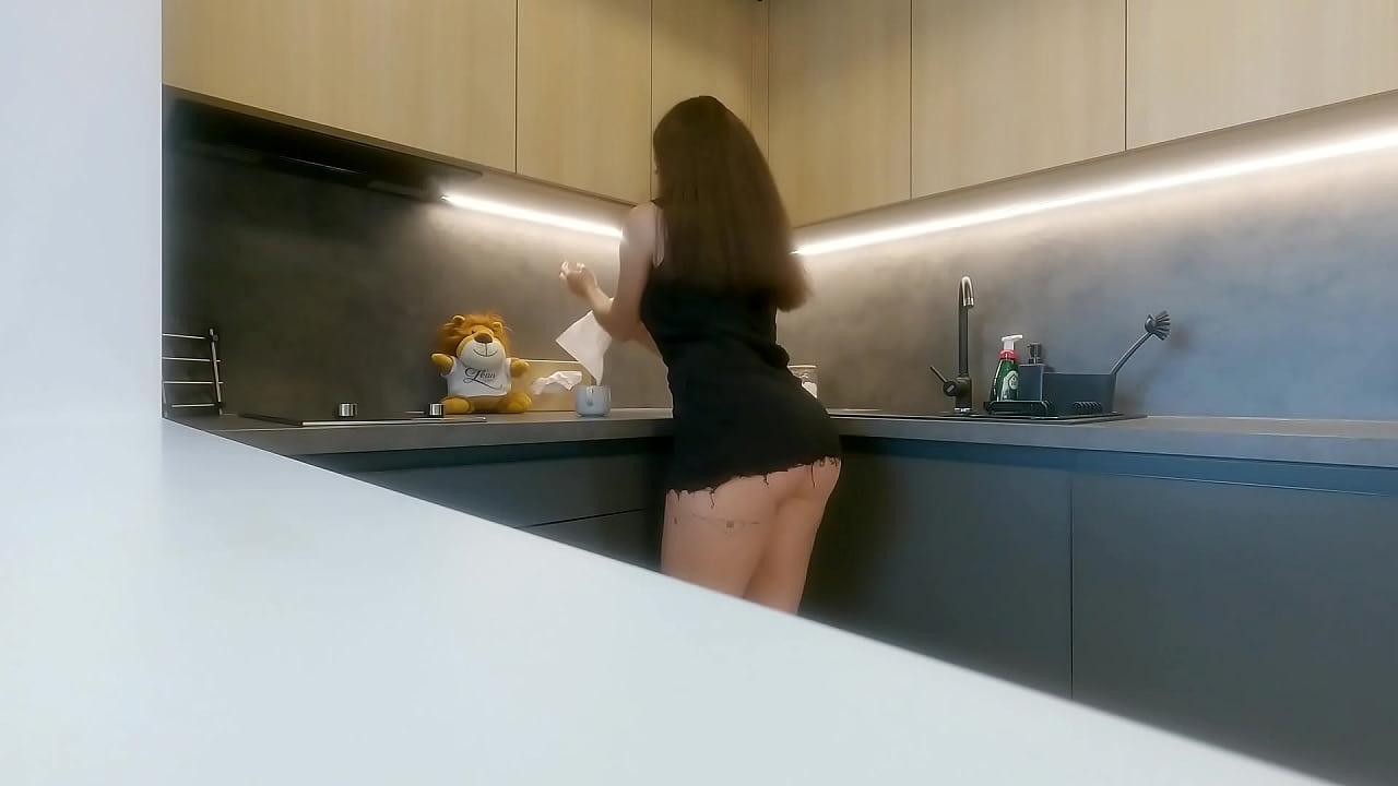 No Panties No Bra Hot Brunette Petite Wife in the Kitchen to flash her Round Sexy Big Ass and Tight Pussy for more likes