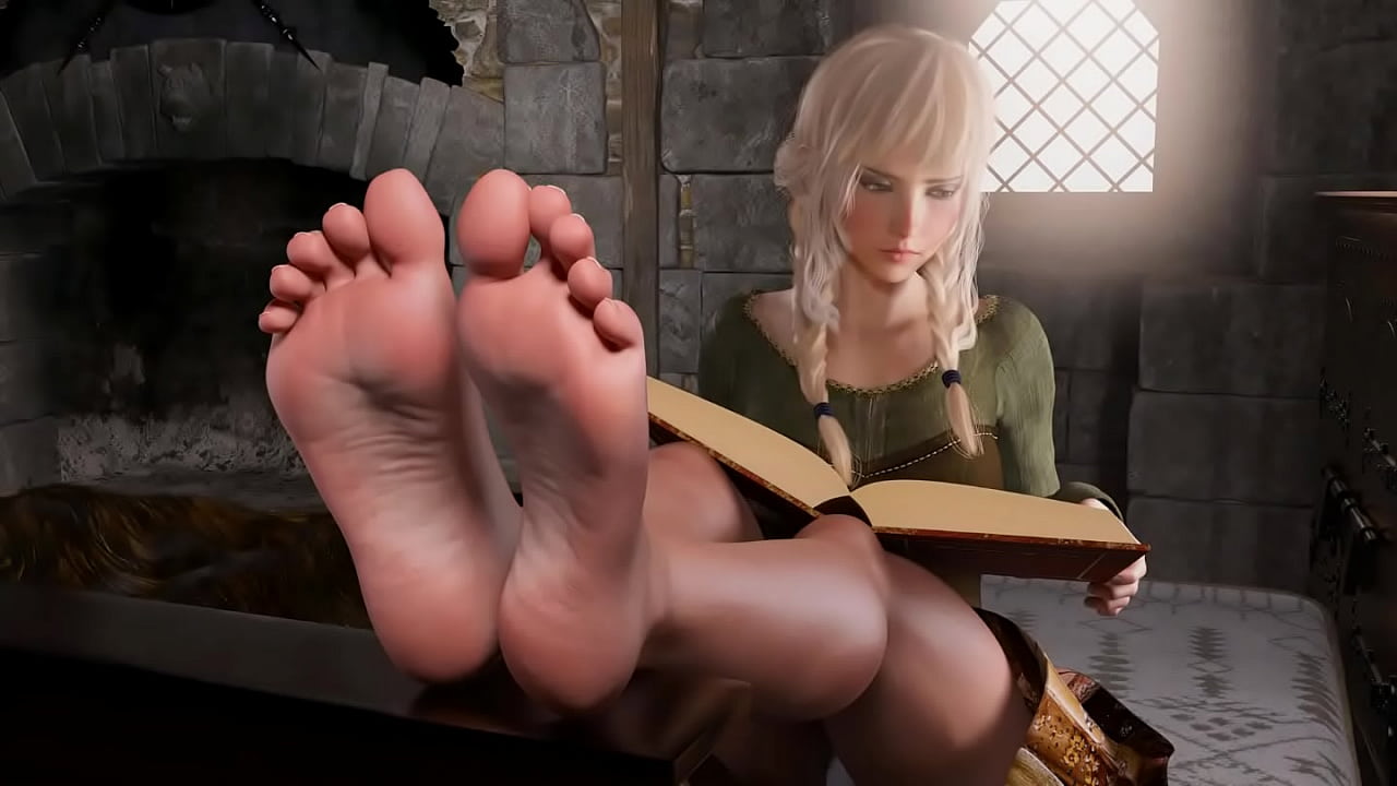 Fantasy Girl Thyra reads her book and shows her soles