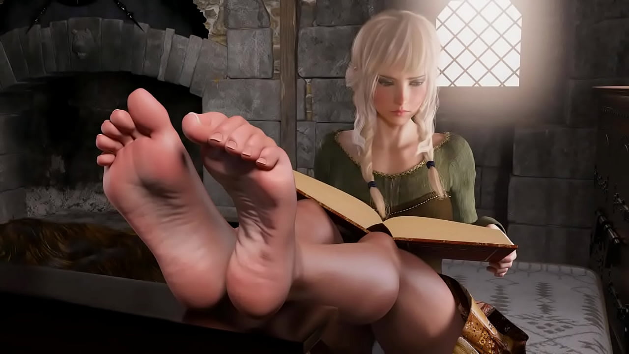 Fantasy Girl Thyra reads her book and shows her soles