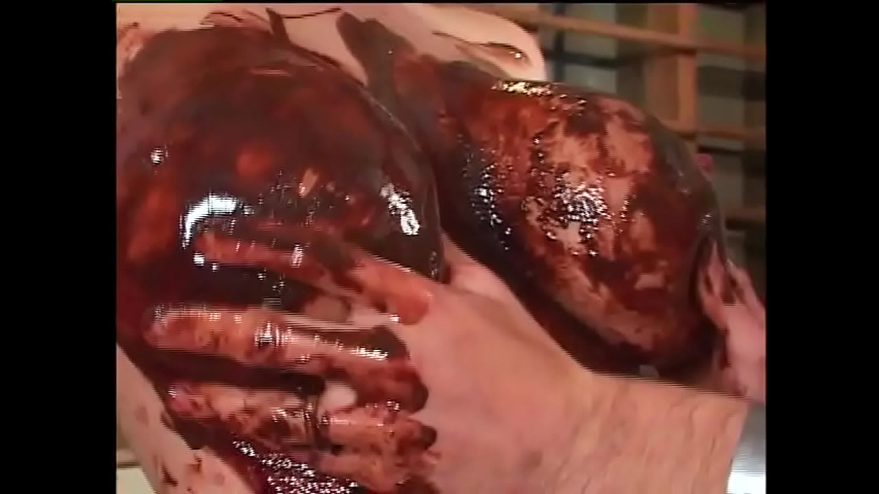 Busty blonde enjoys sex with chocolate on her big tits