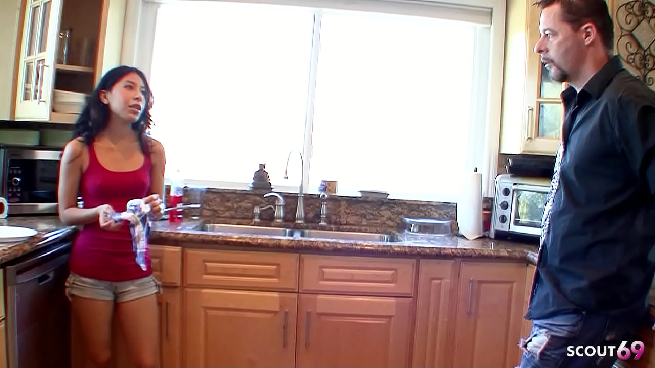 Skinny Step-Daughter with small Tits seduce Big Dick older Guy to Cheating Fuck when home alone