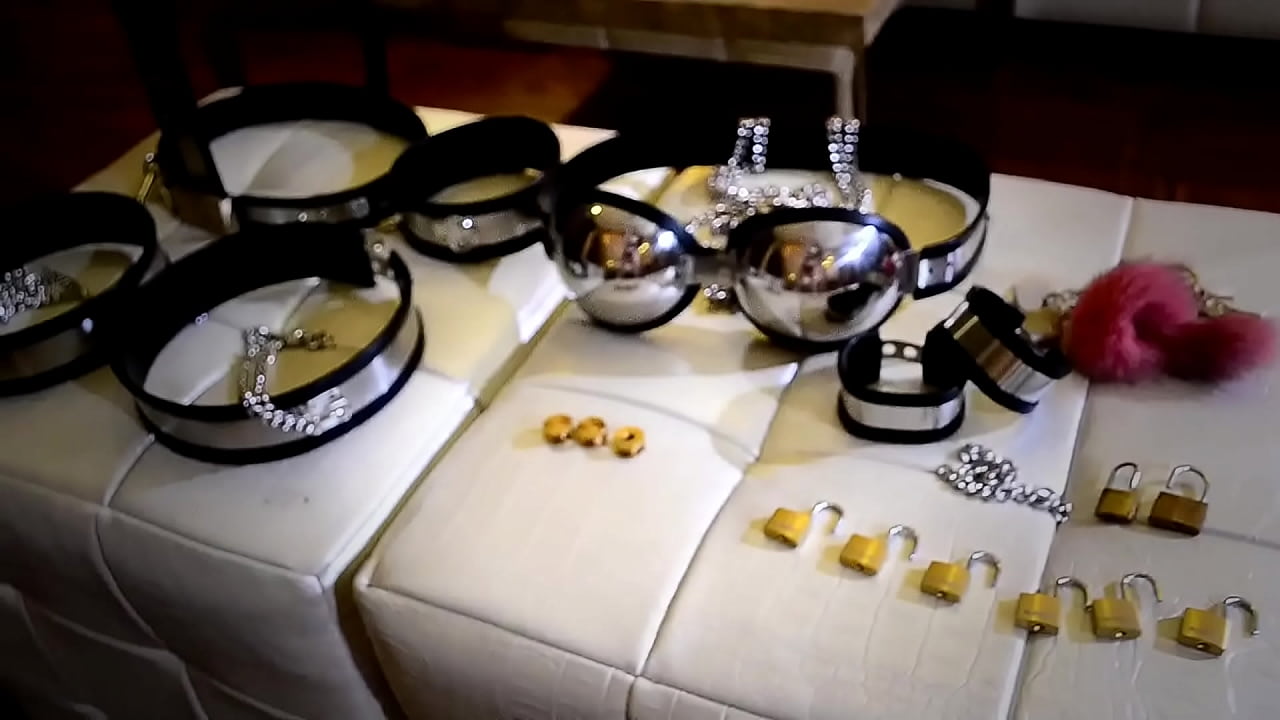 girl in female mask and  latex self-bondage Chastity belt