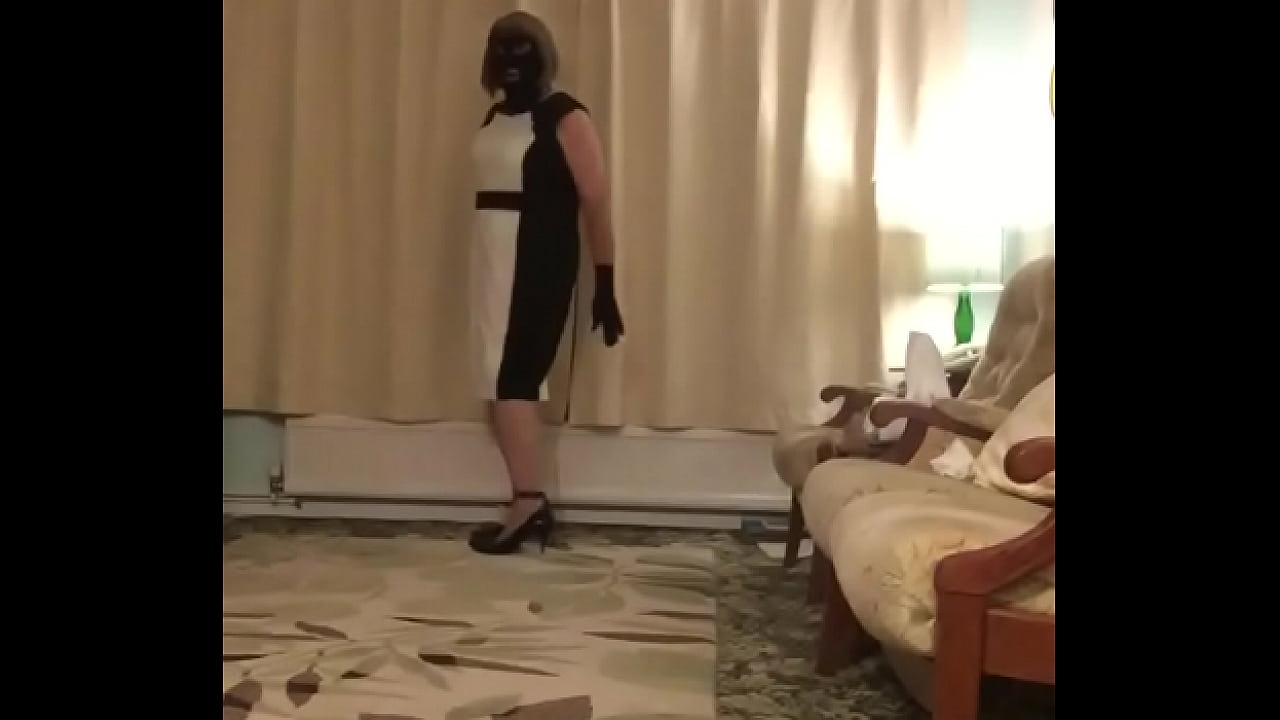 Mask, heels, dress & Gloves - Crossdresser poses In lounge