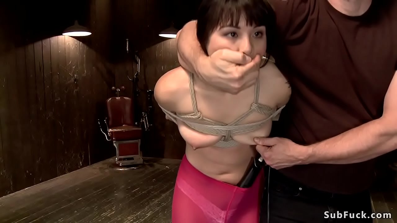 Gagged petite Japanese slave Milcah Halili gets upside down suspension and hogtie and whip from her master then vibrates in crotch rope bondage