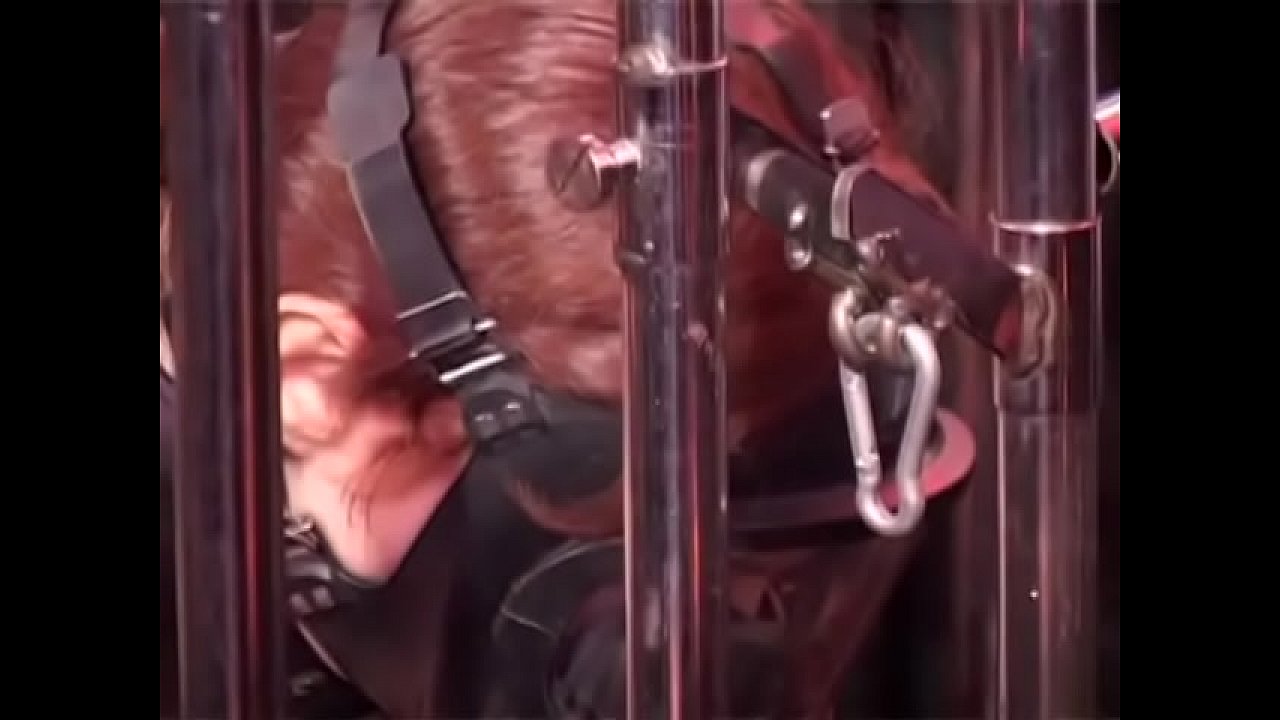 Redhaired female in black leather suit and gas mask was temporary uncaged to bring joy to her playful mistresses