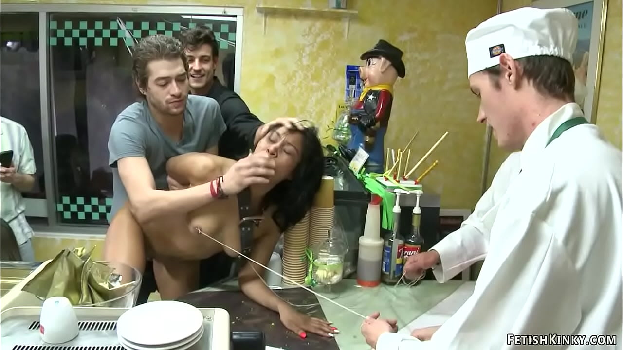 Hot ass ebony slave Yasmine de Leon is walked in public bakery with strap on her neck then gang bang anal fucked by big dicks under Princess Donna Dolore