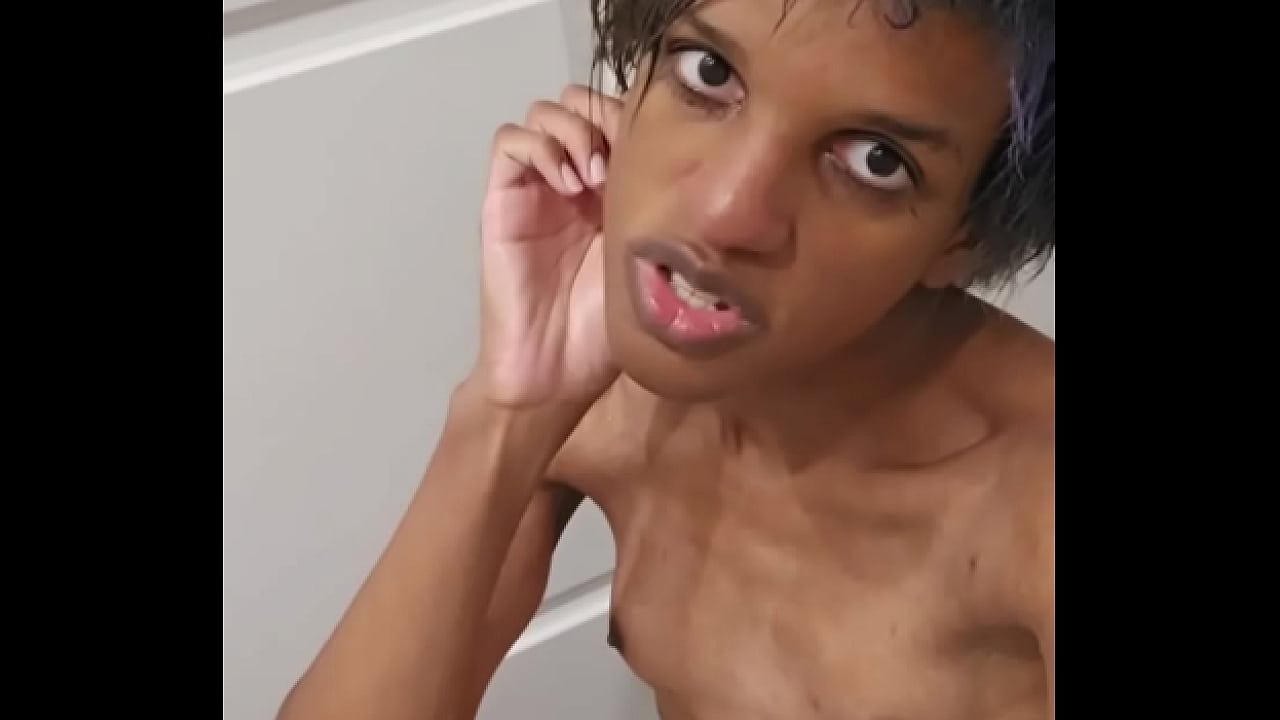 Cute Ebony Ladyboy eats her cum for first time after castration and plays with her beautiful busty boobs!