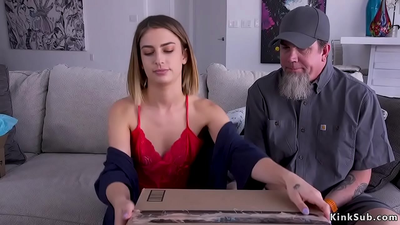 Delivery man brings package to hot brunette babe Kristen Scott and then ties her with red rope and whips and fingers her hairy pussy