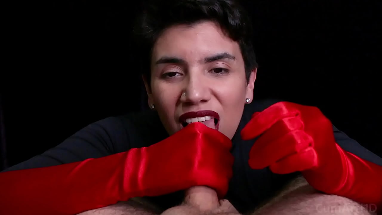 Cum on clothes! A red gloved handjob!