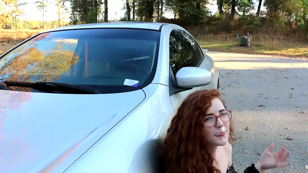 Nerdy red head gets fucked on car