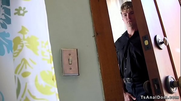 Brunette tranny lady dominates and anal fucks dude in bedroom