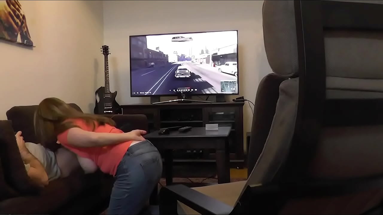 Boyfriend gets his dick sucked playing XBOX. Busty Gamer girlfriend giving topless blowjob with her Big Natural Boobs bouncing and swinging