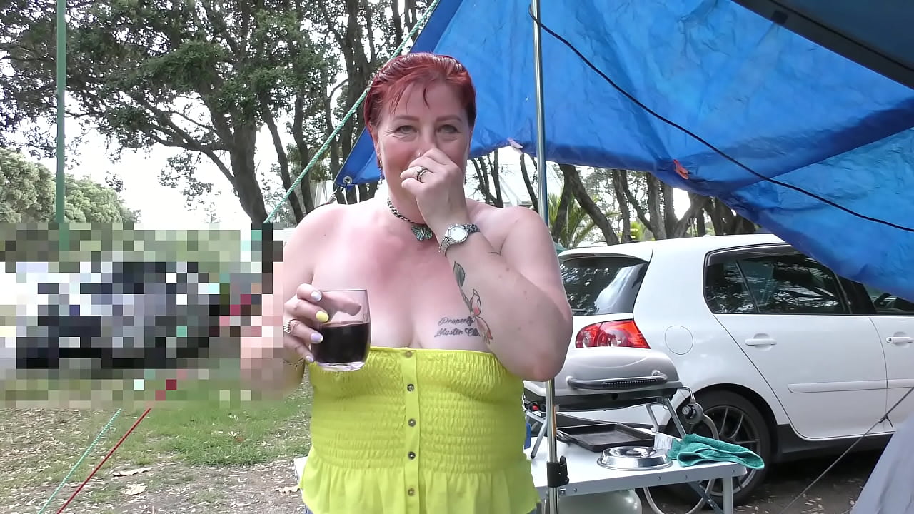 Master commands slutty MILF bitch to show off her tits & pussy at camping ground