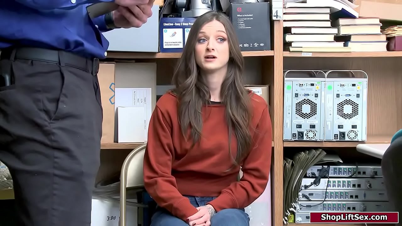 Brunette shoplifts and gets stripsearched by an officer.He touches her body and dominates her to suck his big cock.He facefucks her and then bangs her