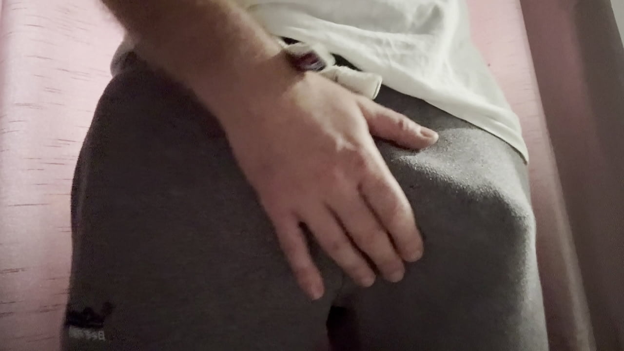 Large UK cock exploding from grey gym joggers