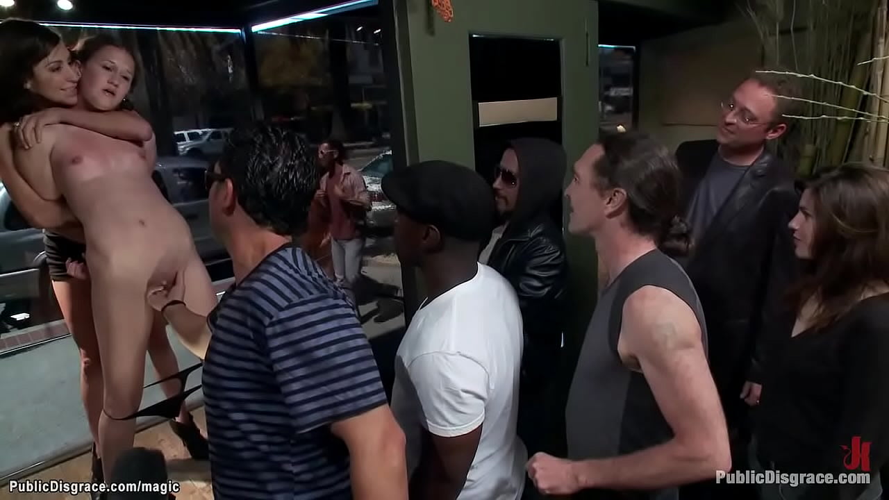 Small tits brunette slut Bonnie Day butt plugged standing in window of public flower shop and getting cane then deep throat sucking and fucking