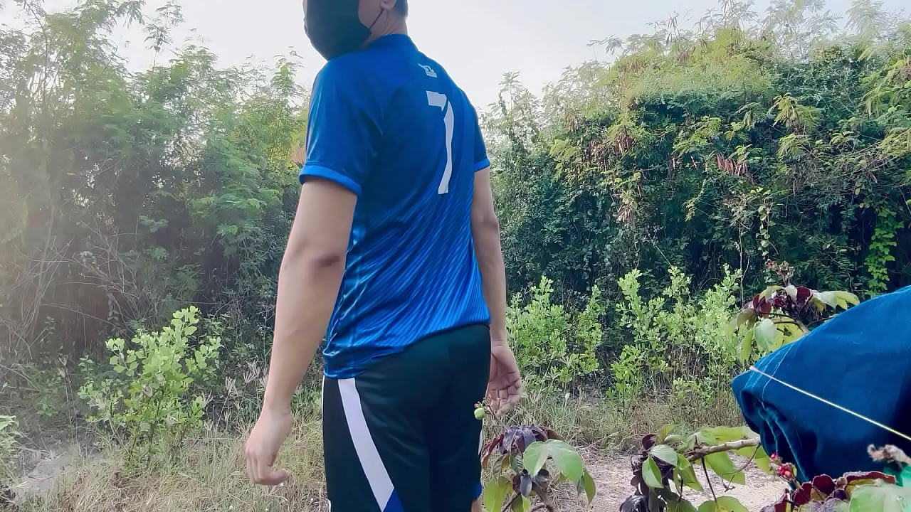 Thai guy big cock changing clothes outdoor for game.