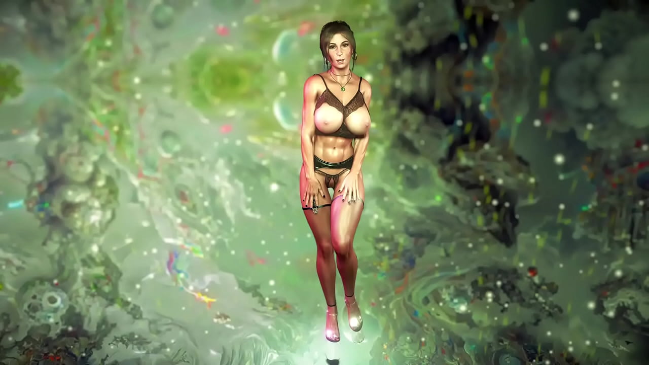 Muscular milf Lara Croft in sexy underwear teases you with his oiled body