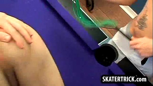 Skater hunk jerks it while getting whipped by two studs