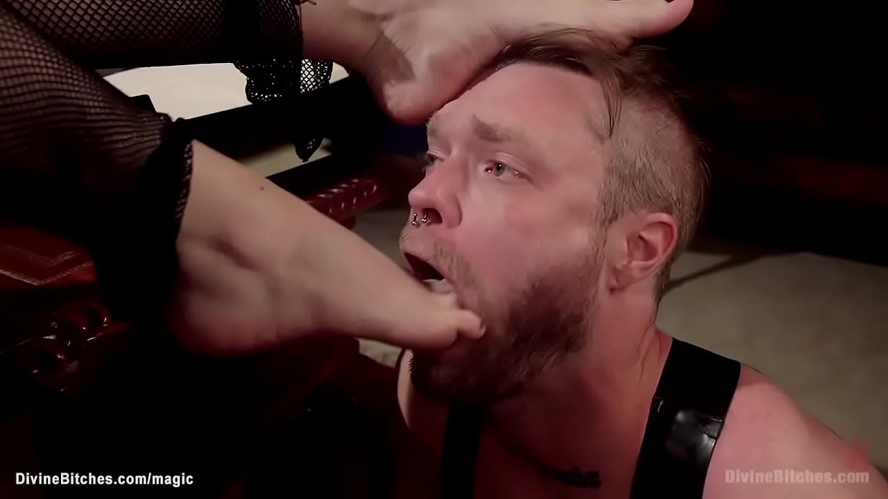 Big tits blonde femdom Cherry Torn makes slave Mike Panic worship her bare feet then ties up him and pegs with strap on dick till rides his big dick