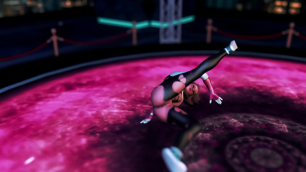 Cute naughty Stacy Gwen dance on the floor in torn suit to seduce Spider-Man