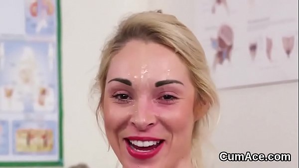 Spicy beauty gets cumshot on her face swallowing all the jizz