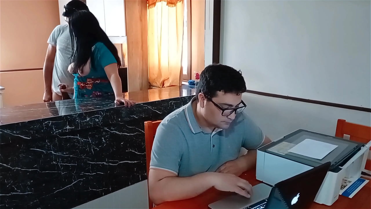 My cuckold husband works while my stepson fucks me in the kitchen