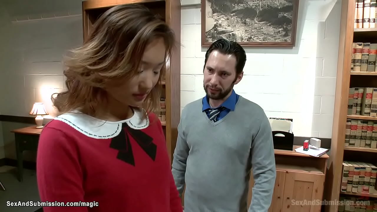 Asian exchange student Alina Li is bent over desk and spanked by professor Tommy then in bondage whipped and fucked by his big cock