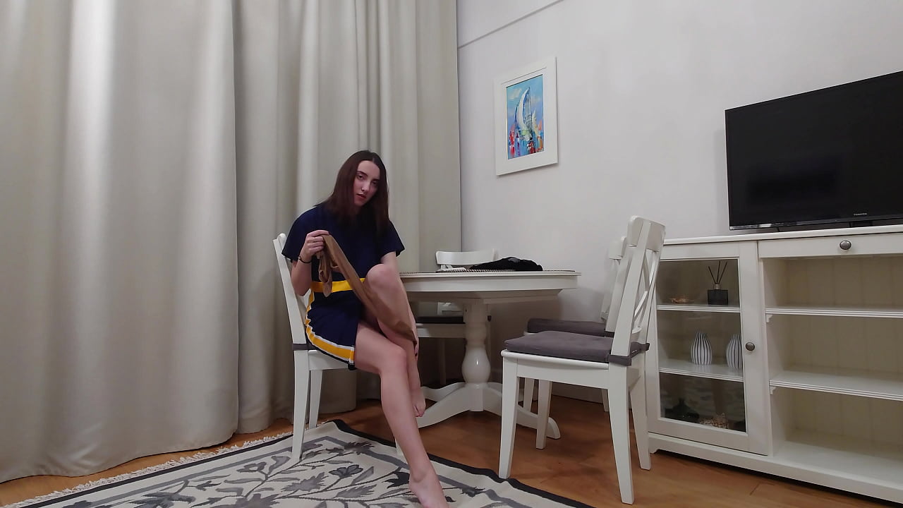 Evelyn Trying On Black and Tan Pantyhose Tease