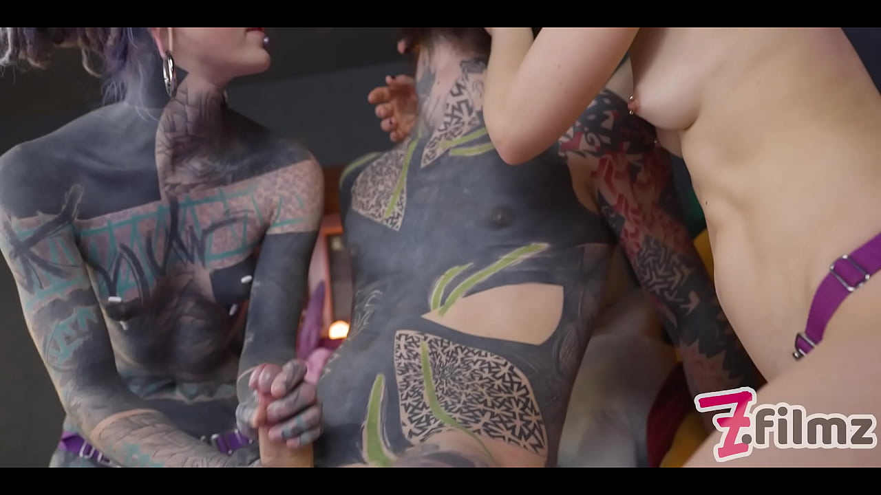 Tattoo SUB dominated by 2 girls - Dominatrix pegging - ANAL, femdom, facesitting (goth, punk, alt porn) ZF160