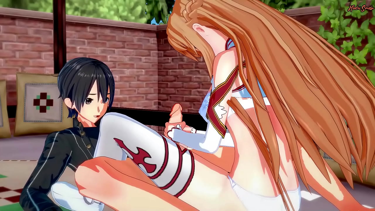 Kirito gets a blowjob from Asuna, then fucks her hard on the bed.