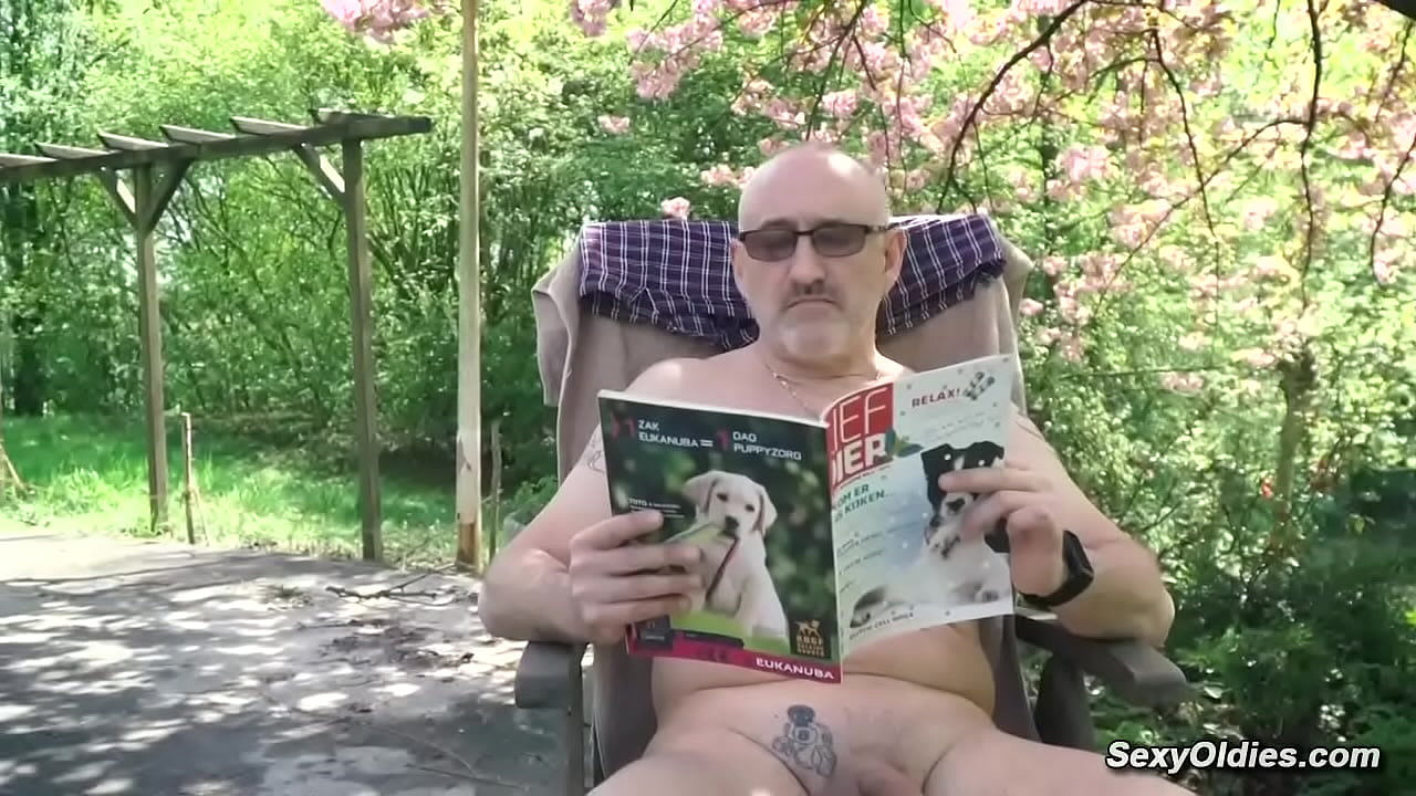 Old man Bruno reading naked in his backyard when his sexy brunette teen neighbor Charlotte Johnson teased him with ball then he fucks her