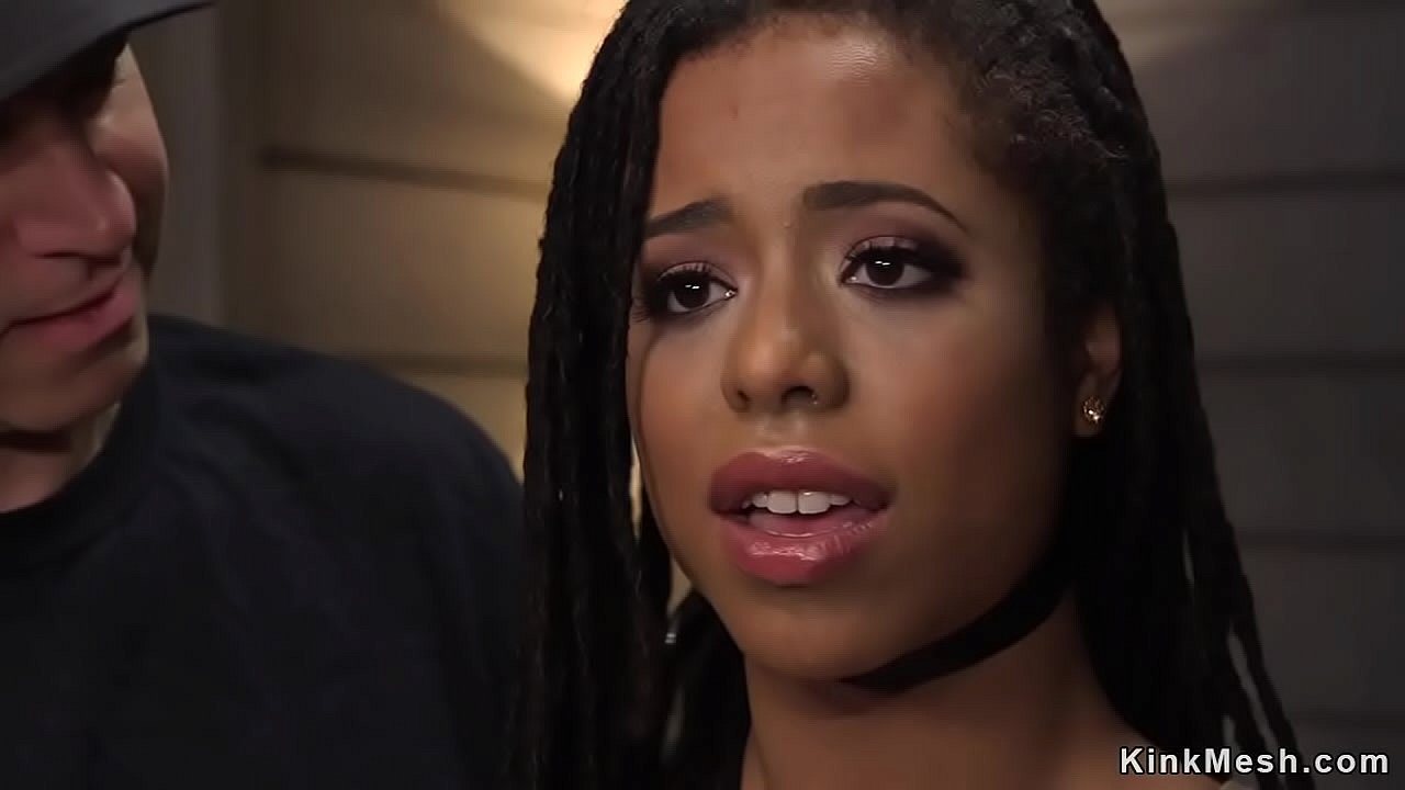 Natural beautiful ebony holding two rocks and getting hard whip